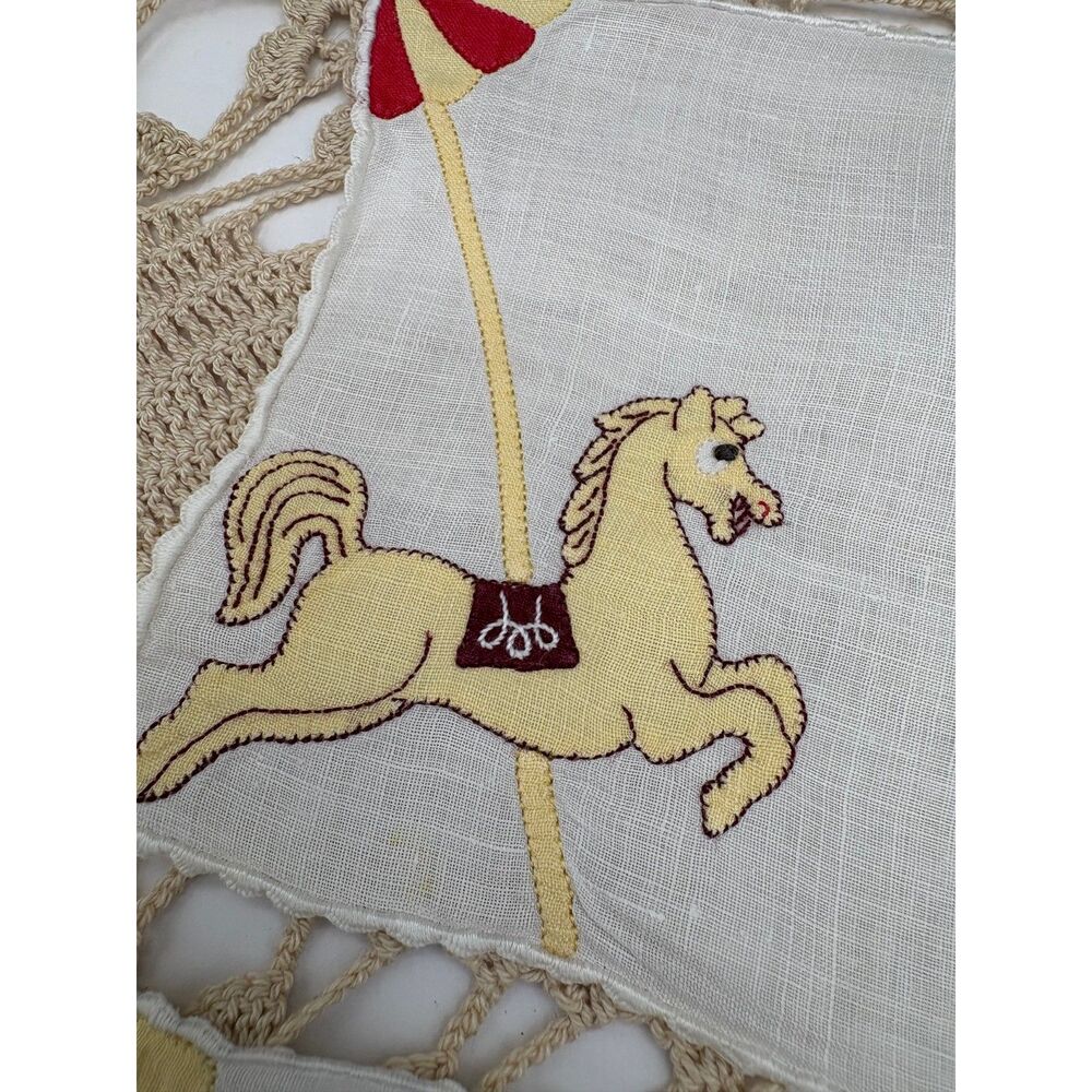 MCM 2 Madeira Linen Cocktail Napkins Carousel Horses Appliqued Circus